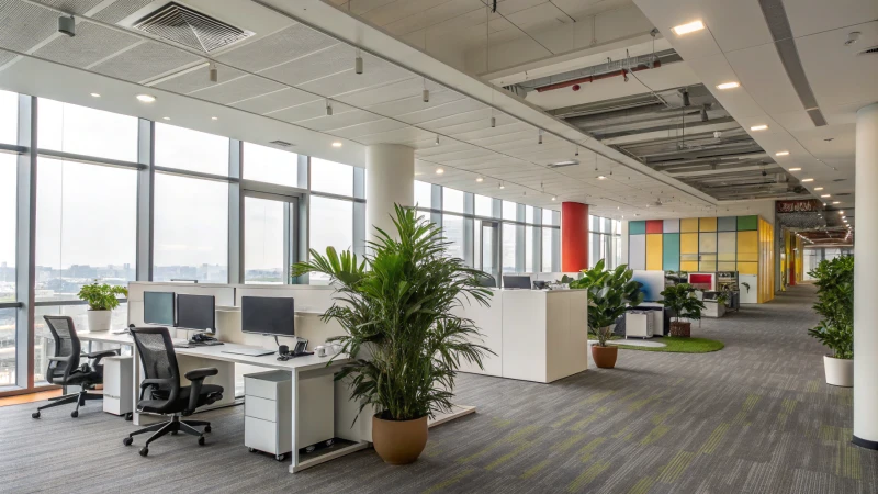 A contemporary office with large windows and ergonomic furniture