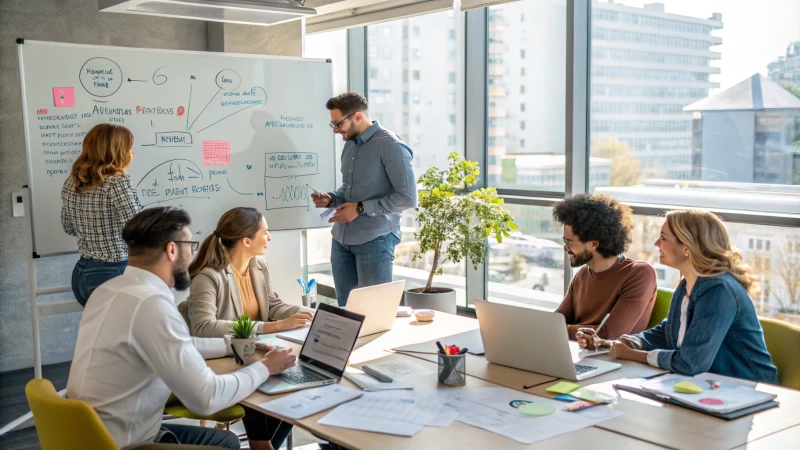 A diverse team in a modern office having a strategic meeting