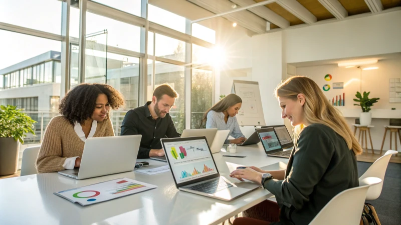 Diverse professionals engaged in a video conference in a modern office.