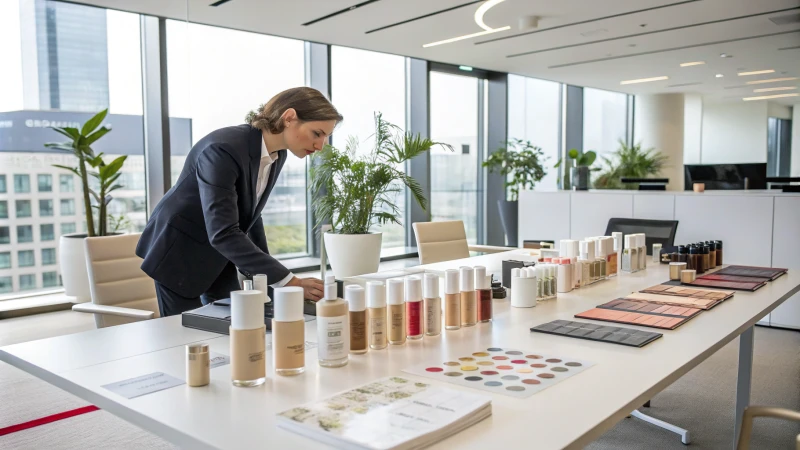 A professional inspecting cosmetic packaging samples in a modern office