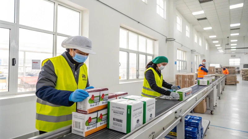 Employees inspecting packaged goods in a bright, clean facility