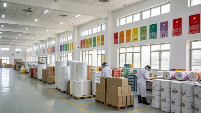 A bright and organized packaging facility with workers inspecting products