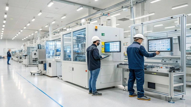 Workers in a high-tech packaging production facility