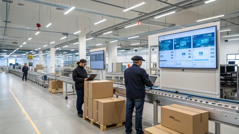 A high-tech packaging facility with automated machinery and workers monitoring screens.