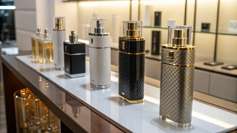 A collection of modern perfume atomizers on a sleek surface