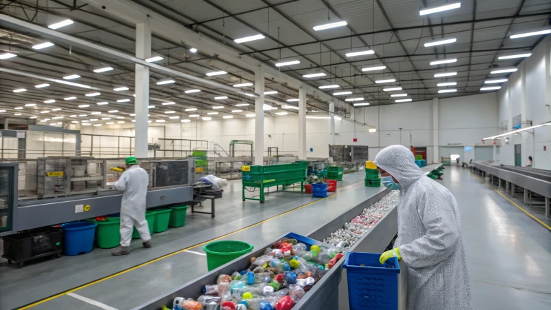 Interior of a modern recycling facility with workers and machinery