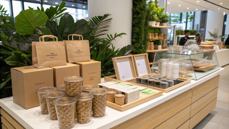 A modern retail display featuring sustainable packaging products