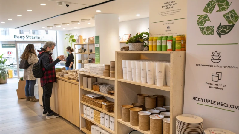 A modern retail space showcasing eco-friendly packaging solutions with customers interacting with products.