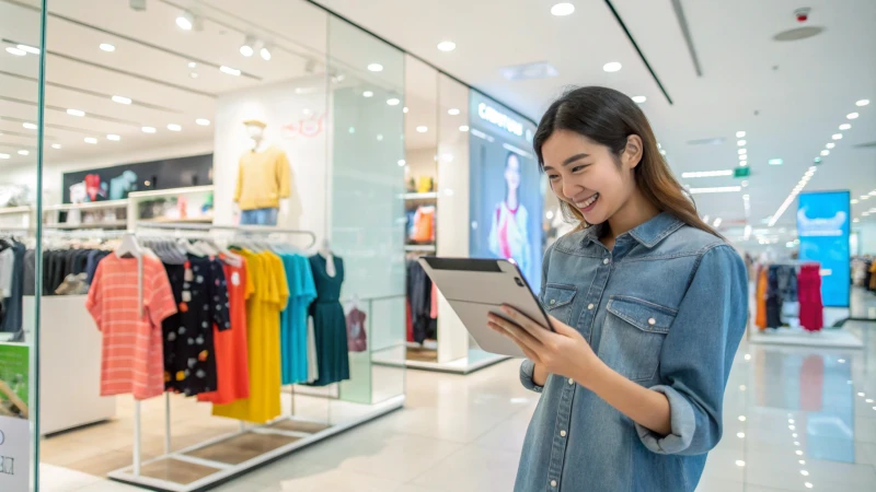 A consumer using augmented reality in a modern retail store