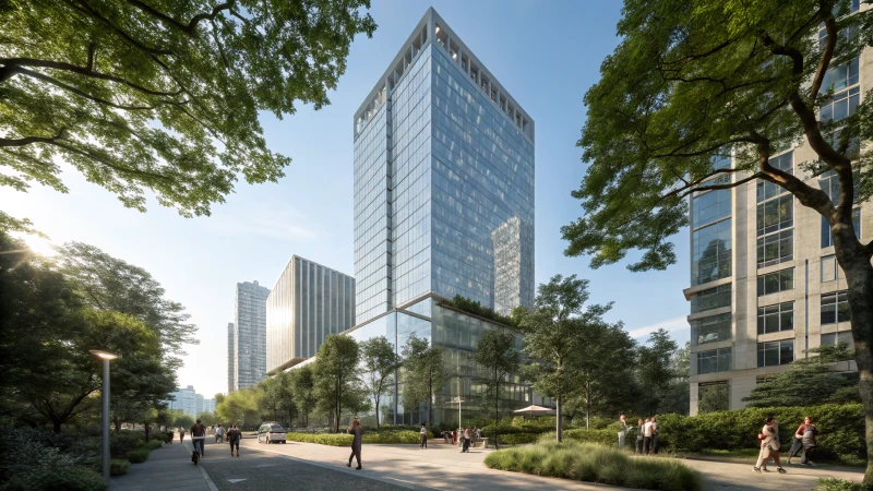 A modern high-rise building with glass panels surrounded by greenery under a blue sky.