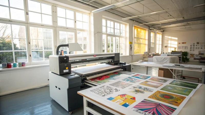 A modern UV printer in a bright workshop producing vibrant prints.