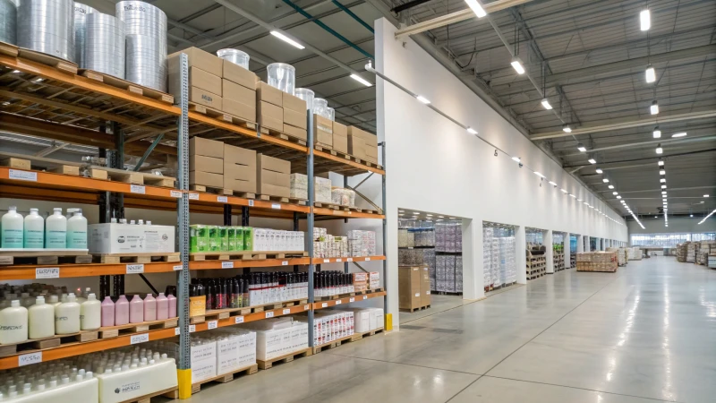 A modern warehouse filled with organized shelves of cosmetic packaging materials.