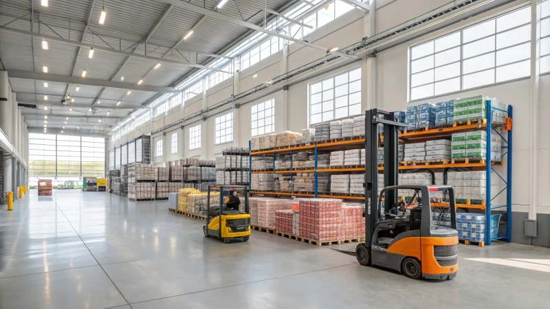 Interior of a modern warehouse with shelves and forklifts