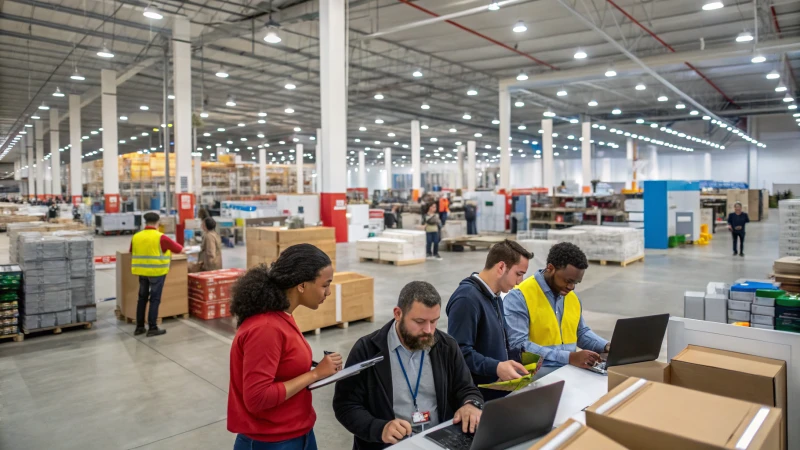 A modern warehouse with diverse suppliers interacting.