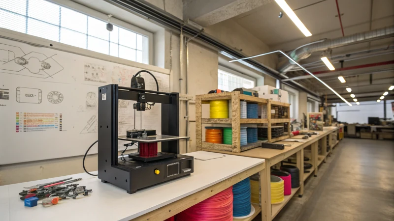 A modern workshop with a 3D printer and colorful filament spools