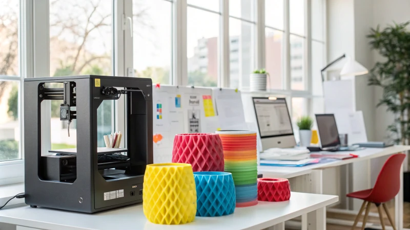 A modern workspace with a 3D printer and colorful prototypes.