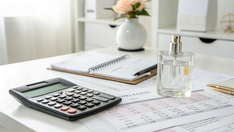 A modern workspace with a calculator, financial spreadsheets, and a custom perfume mold.