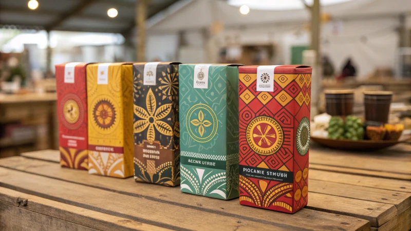 Colorful product packaging designs on a wooden table