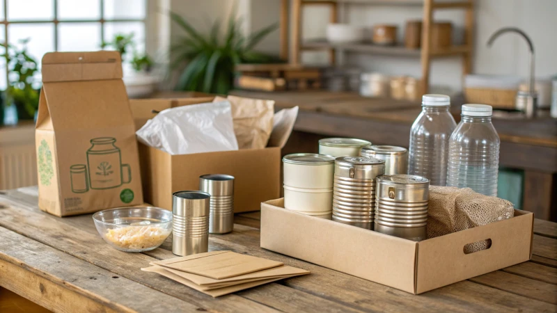 A display of various packaging materials including cardboard boxes, glass jars, and metal tins on a wooden table