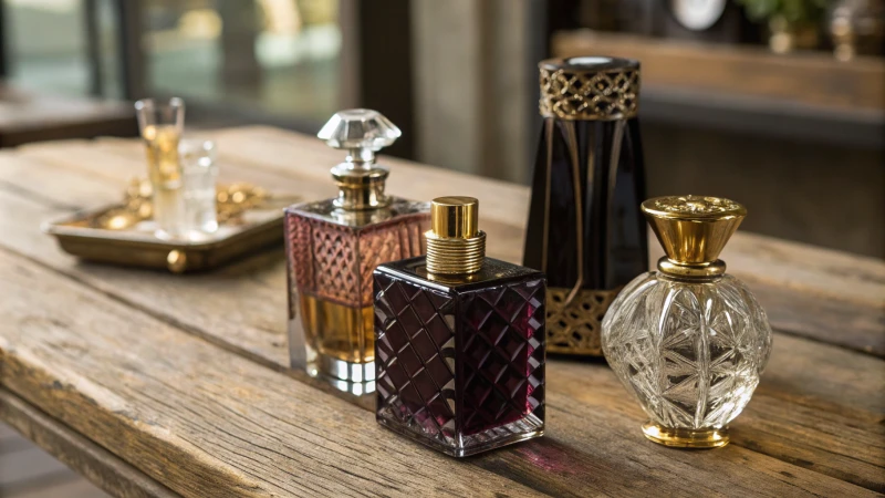 An elegant display of dark glass and aluminum perfume bottles on a rustic wooden table