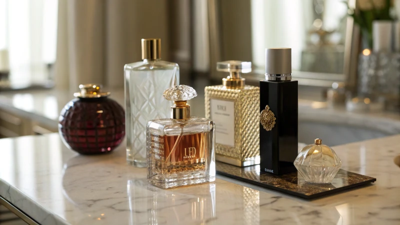 An elegant arrangement of various perfume bottles on a marble countertop