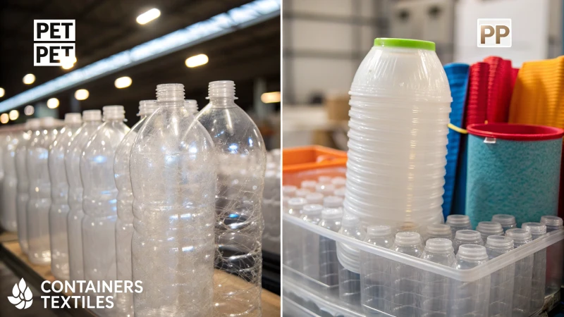 A split image comparing PET and PP materials with clear bottles and flexible containers.