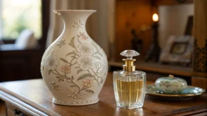 A porcelain vase beside a glass perfume bottle on a wooden surface