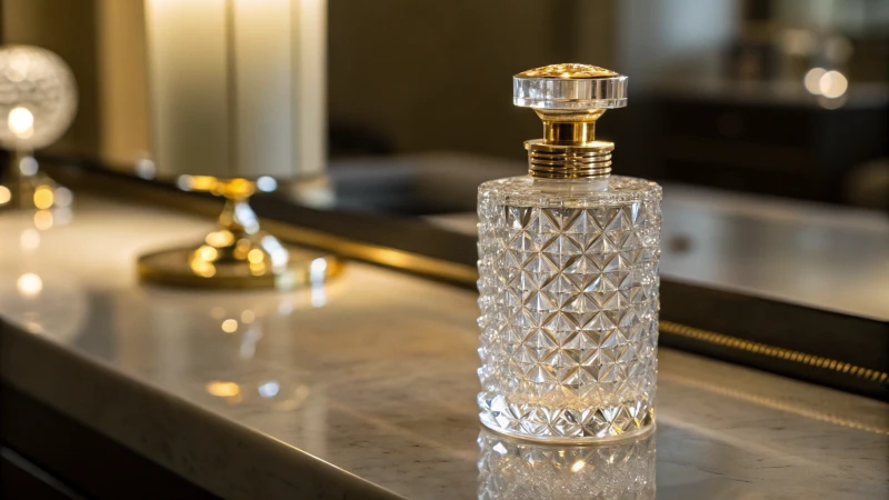 A luxurious crystal bottle with a gold-plated cap on a reflective surface.