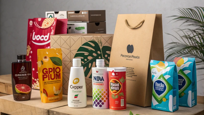 A dynamic arrangement of colorful product packages from various brands on a neutral background.