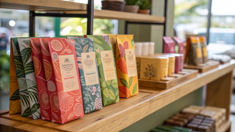 A vibrant display of various product packaging on a wooden shelf