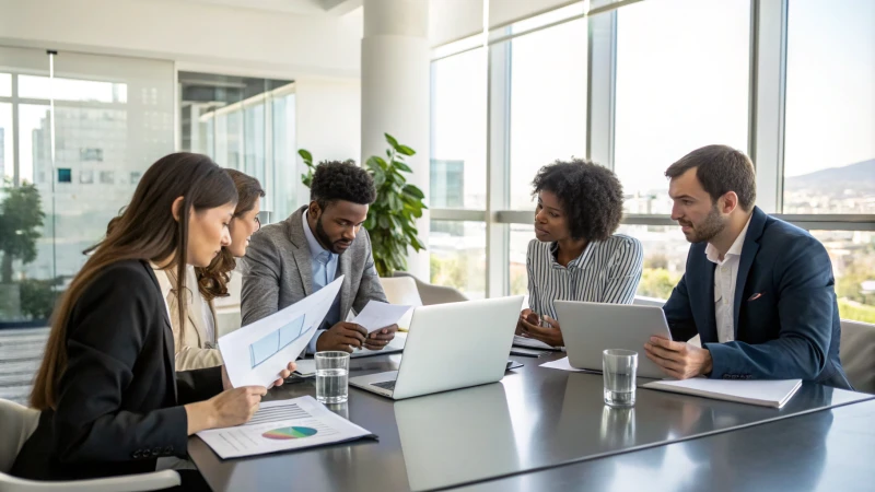 A diverse group of professionals discussing compliance documents in a modern office.