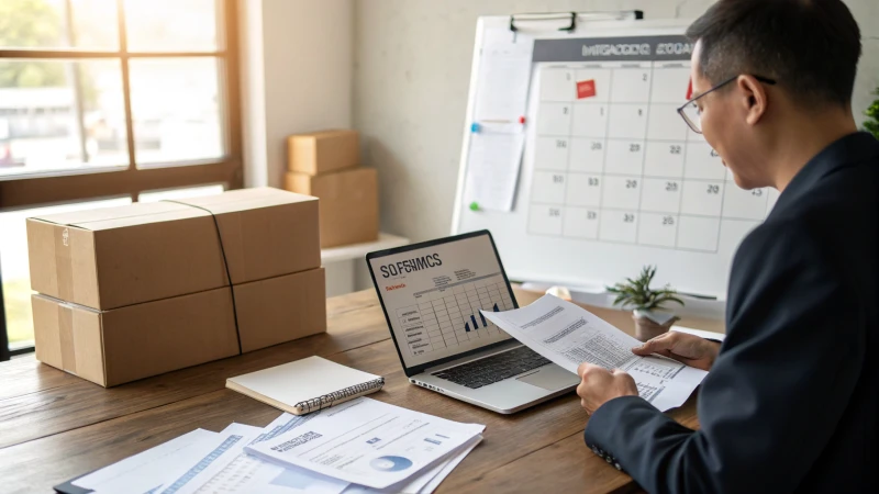 A business person reviewing shipping documents in an office