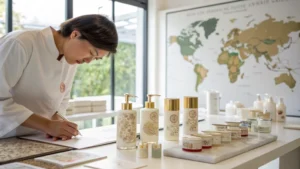 A person examining cosmetic packaging samples in a bright workspace