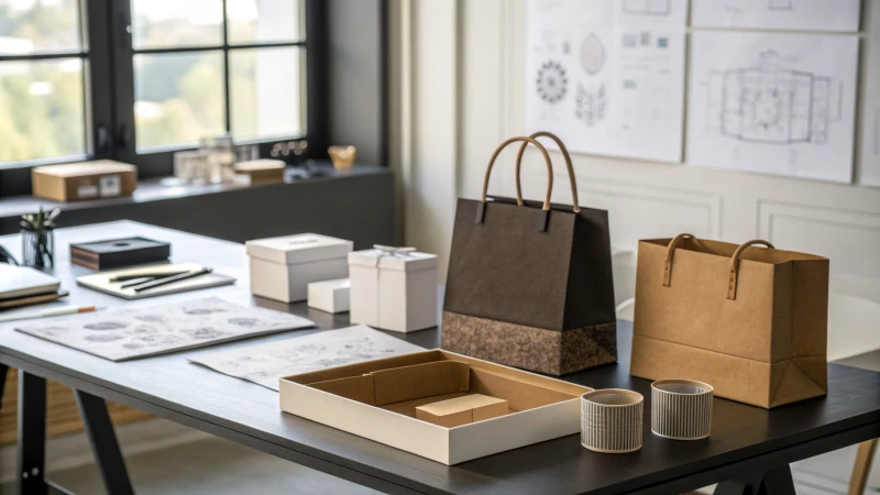 A modern workspace with custom packaging prototypes on a table