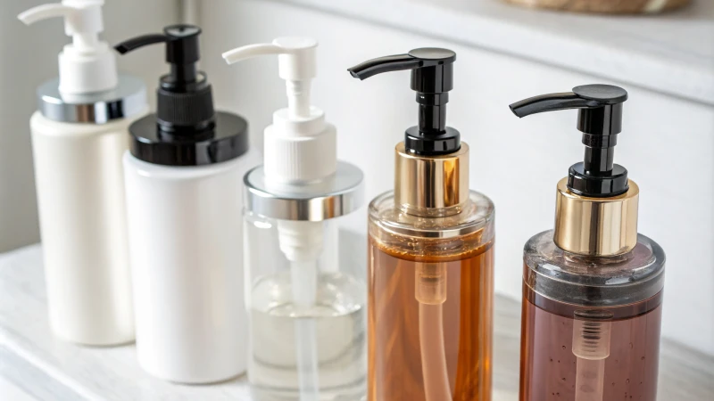 Close-up of various pump bottles on a white background