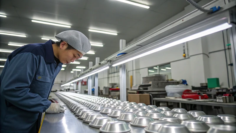 Worker inspecting aluminum caps in a factory