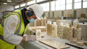 A quality control inspector examining cosmetic packaging materials in a factory.