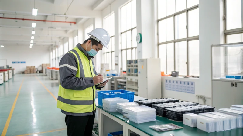 A quality control inspector examining products in a factory