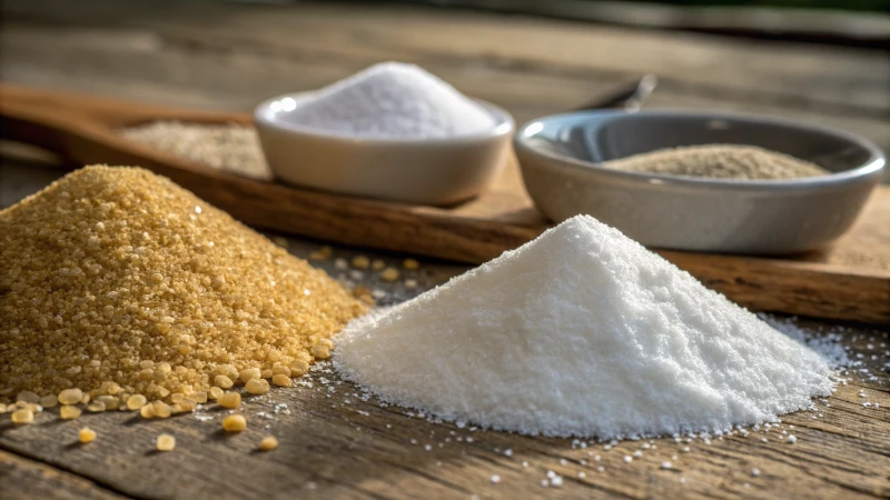 Display of raw materials for glass manufacturing on a wooden surface