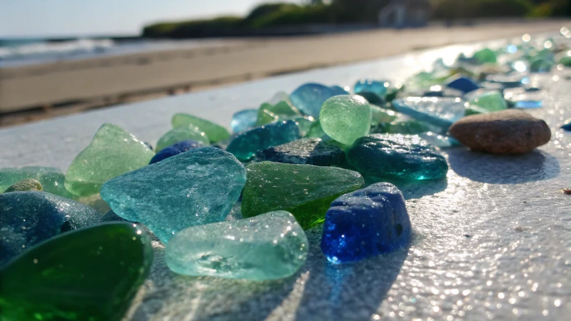 Close-up of colorful recycled glass pieces on a smooth surface.