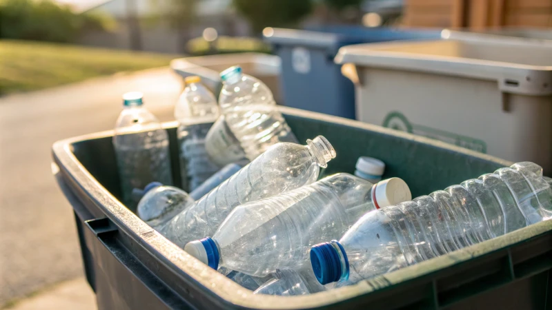 Close-up of a recycling bin filled with clear PET plastic bottles