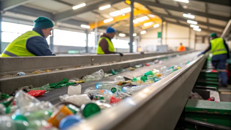 Close-up of a recycling facility conveyor belt with eco-friendly materials