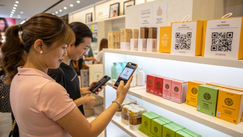 A vibrant retail display with customers scanning products with smartphones.