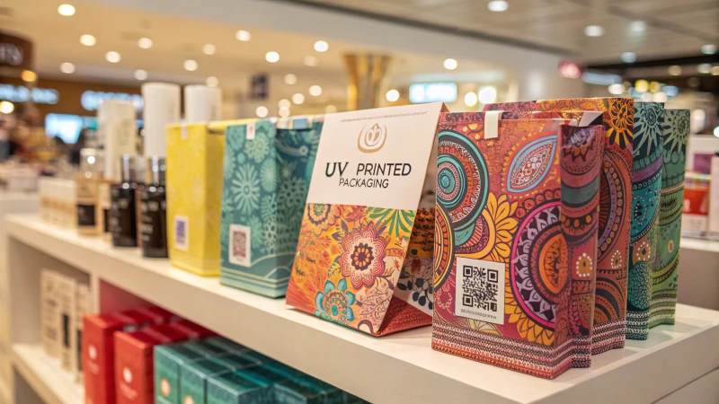 Photorealistic retail display of vibrant UV printed packaging