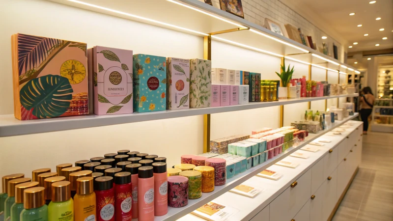 A retail shelf showcasing a variety of uniquely designed product packaging.