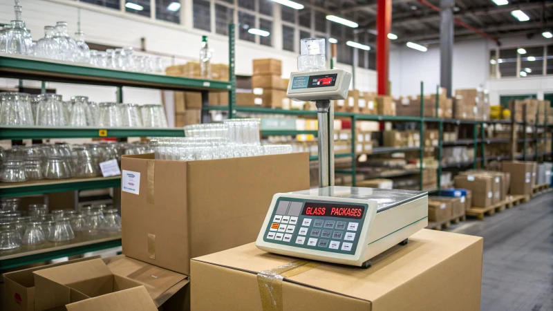 A shipping warehouse filled with glass packages and a digital scale