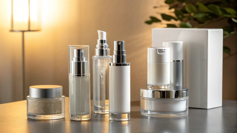 Modern skincare packaging on reflective surface