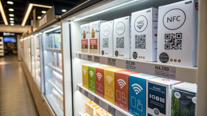 Display of smart packaging designs with QR codes and modern graphics