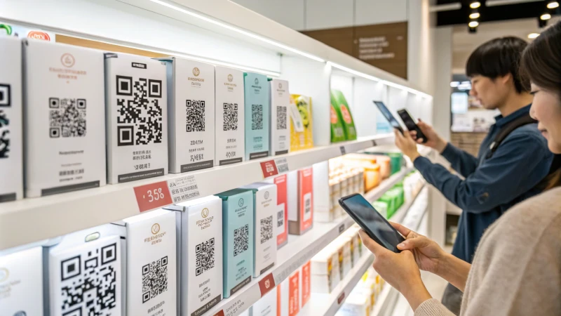 A retail shelf with various smart packaging designs featuring QR codes, NFC chips, and RFID tags.