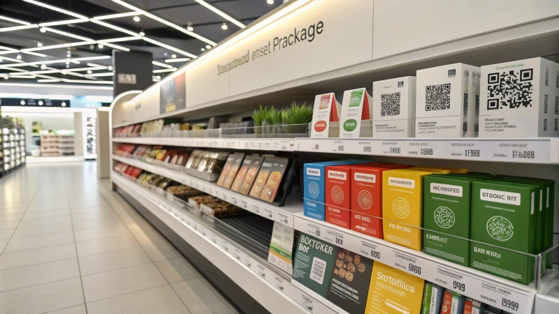 A store shelf displaying various consumer products with smart packaging features.